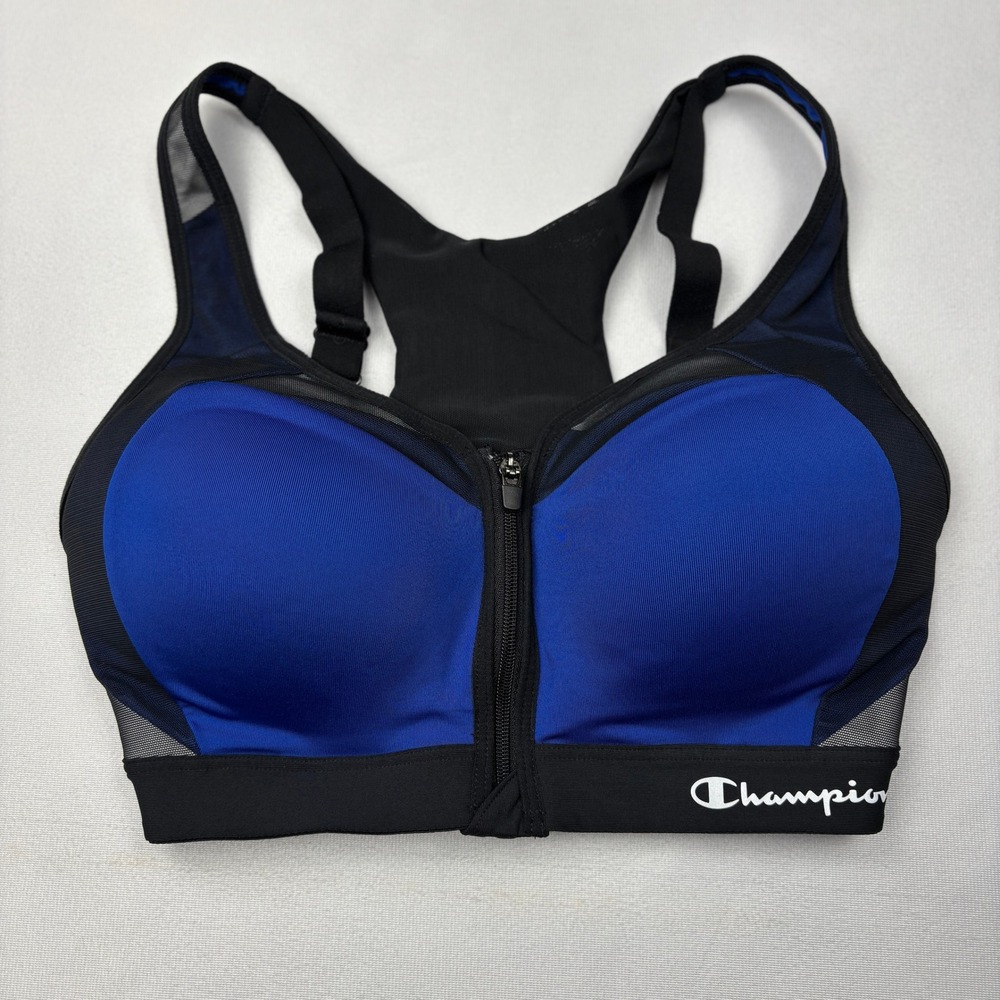 Champion Zip Front Sports Bra Blue Black Mesh Racerback 34D B1525 High Impact